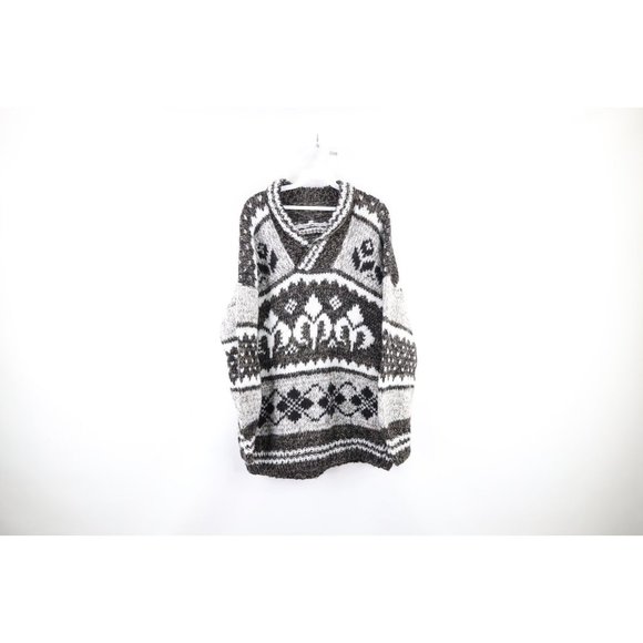 Vintage 60s Streetwear Mens Large Hand Knit Wool Cowichan Pullover Shawl Sweater